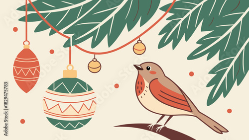 Cute christmas robin bird illustration perched on a winter branch, gazing at festive holiday ornaments hanging from a decorated pine tree in a charming seasonal holiday spirit.