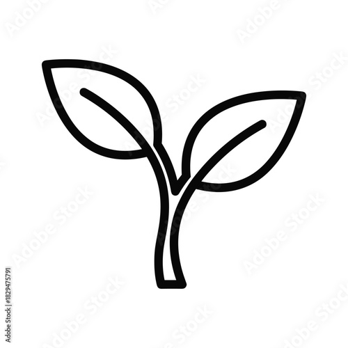 Simple minimalist outline icon of a young green plant sprout with two leaves symbolizing growth and nature