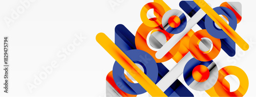 Abstract geometric shapes overlap, creating dynamic composition. Orange, blue, gray tones dominate clean background.