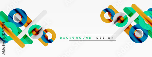 Abstract geometric shapes overlap, creating dynamic composition. Bright colors contrast against white space. Modern design element.