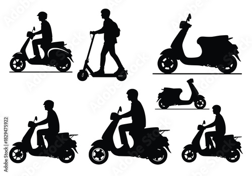 silhouettes of various scooters and a man on an electric