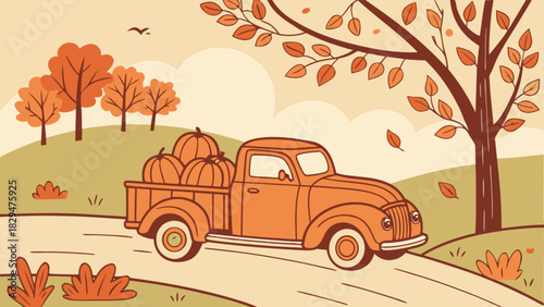 A vintage orange pickup truck driving on a country road with a bed full of harvest pumpkins, surrounded by colorful autumn trees and falling leaves under a cloudy sky illustration.