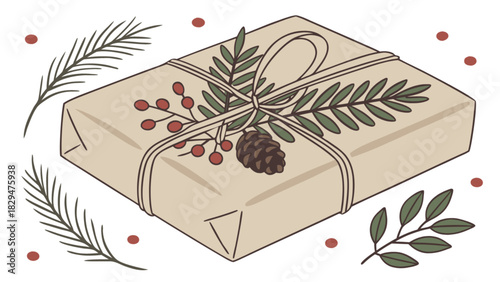 Hand-drawn illustration of a festive rustic holiday gift box, wrapped in natural kraft paper, adorned with green pine branches, bright red berries, and a brown pinecone, tied with a simple string.