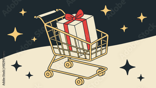 Shopping cart containing a festive gift box with red ribbon, symbolizing online shopping, retail purchases, special occasion presents, holiday sales, and e-commerce promotions illustration