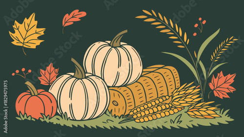 Autumn harvest illustration with pumpkins, hay bales, corn cobs, wheat stalks, and fall leaves on grass, perfect for thanksgiving designs, rustic seasonal decor.