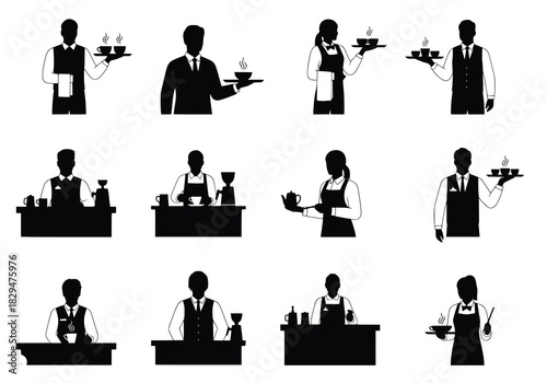 silhouettes of waiters and waitresses holding trays 