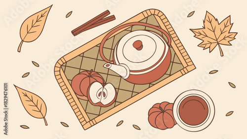 Cozy autumn tea time flat lay illustration featuring a rustic teapot, warm beverage, fresh apples, pumpkins, cinnamon sticks, and fall foliage on a textured woven mat.