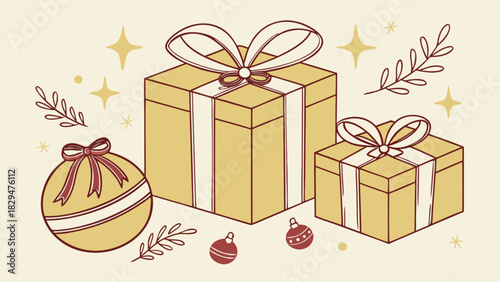 Charming festive illustration featuring wrapped holiday gift boxes, elegant bows, decorative christmas ornaments, complemented by subtle sparkles and natural branch elements.