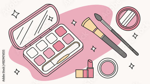 Essential beauty and makeup products flat lay vector illustration. an aesthetic pink eyeshadow palette, cosmetic brushes, lipstick, and a round compact mirror.