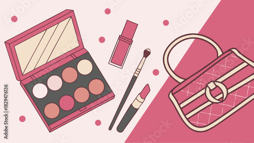 Makeup beauty accessories illustration featuring an eyeshadow palette with mirror, lipstick, lip gloss, brush, and a fashionable handbag, ideal for fashion and cosmetic industry themes.