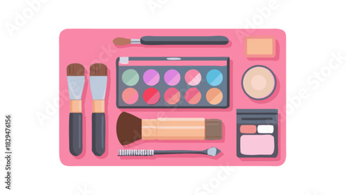 Colorful makeup essential kit with a vibrant eyeshadow palette, diverse brushes, face powder, blush, and applicator, neatly arranged on a pink background, ideal for beauty content.