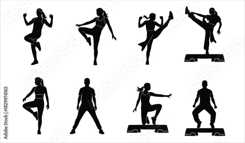  silhouettes of people performing various fitness exercises
