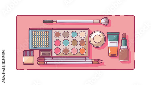 Makeup products flat lay vector illustration featuring a variety of cosmetic items like eyeshadow palettes, brushes, lipstick, and foundation, perfect for beauty and fashion concepts.