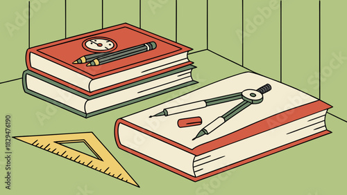 Educational illustration featuring textbooks, a drafting compass, sharp pencils, and a set square ruler, symbolizing learning, geometry, and academic study in a simple style