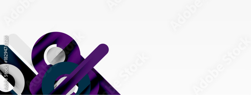 Abstract design features overlapping purple, white, dark shapes. Minimalist composition with negative space. Modern aesthetic, dynamic curves.