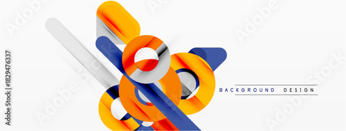 Abstract geometric shapes, orange, blue, silver lines create modern design. Minimalist style, clean background.