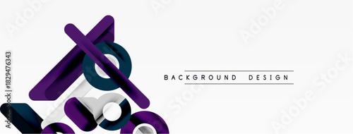 Abstract geometric shapes overlap, creating dynamic visual effect. White background emphasizes purple, teal layers. Modern design element.