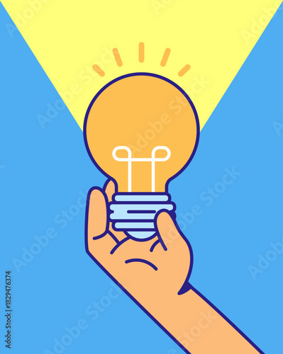 Bright idea lightbulb illustration held by a hand in a colorful cartoon style