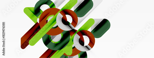 Abstract geometric shapes overlap, creating dynamic composition. Green, brown, white colors dominate design. Modern aesthetic.