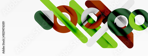 Abstract design features overlapping rounded rectangles, circles. Colors include green, brown, white. Minimalist composition, clean lines present.