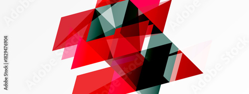 Abstract geometric shapes overlap, creating dynamic red, gray, black composition on white background. Minimalist design.