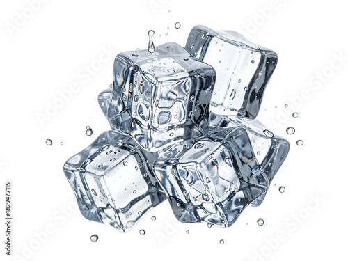 A small pile of clear, wet ice cubes with water droplets splashing around them, isolated on transparent background