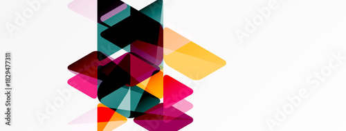 Abstract geometric shapes overlap, creating vibrant color blends. Composition features transparency, depth, modern design elements.