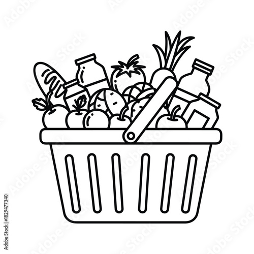 Grocery shopping basket icon with fresh food items, bread, milk, fruits, and vegetables for retail