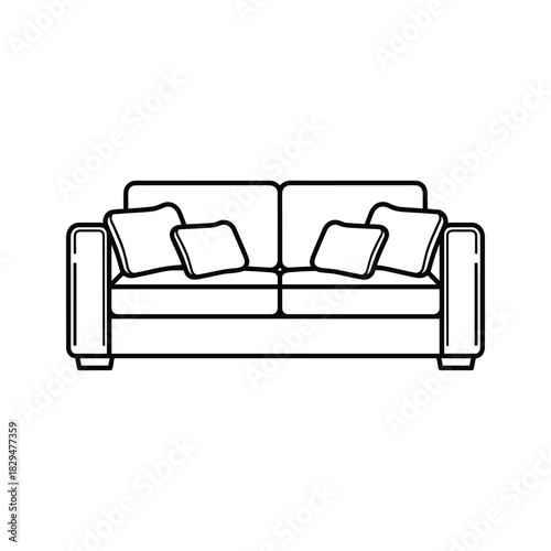 Minimalist two-seater sofa line art drawing with cushions, modern furniture icon illustration vector