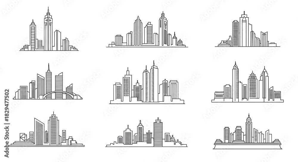 Obraz premium Urban Silhouettes: A collection of meticulously crafted, minimalist line art showcasing a variety of cityscapes. Evoking a sense of modern urban life.