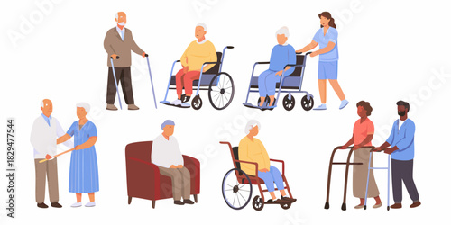 Senior care and assistance diverse elderly people with caregivers in various situations