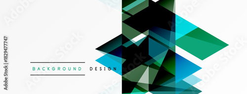 Abstract geometric shapes overlap, creating dynamic visual effect. Teal, green, black hues dominate white space. Modern design element.