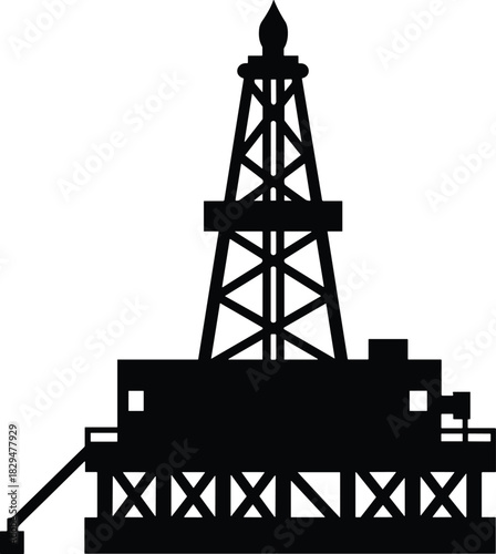 Black Silhouette Vector Illustration of a Large Petroleum Oil Drilling Rig or Derrick, Symbolizing Fossil Fuel Extraction, Energy Production, and the Gas Industry