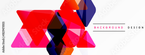 Abstract geometric shapes overlap. Vibrant reds, pinks, blues create dynamic composition. White background provides contrast. Modern design element.