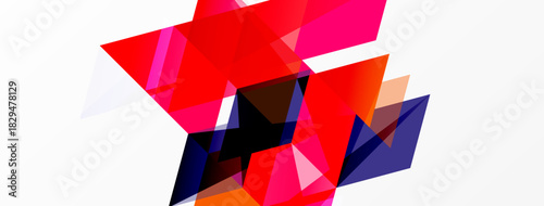 Abstract geometric shapes overlap, creating vibrant red, pink, purple composition on white background. Modern design elements present.