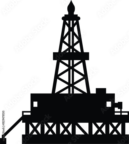 Black Silhouette Vector Illustration of a Large Petroleum Oil Drilling Rig or Derrick, Symbolizing Fossil Fuel Extraction, Energy Production, and the Gas Industry