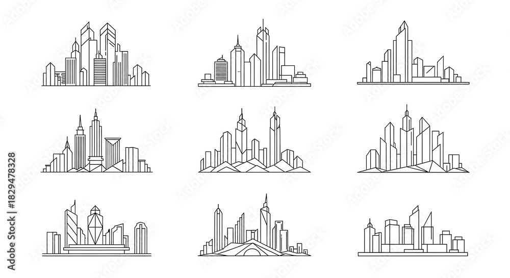 Obraz premium Urban Horizons: A collection of stylized illustrations of cityscapes, showcasing the dynamic and diverse architecture found in urban environments.