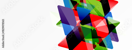 Abstract geometric shapes overlap, creating vibrant color composition. White space dominates left side. Modern design element.