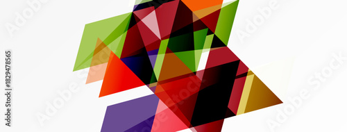 Abstract geometric shapes overlap, creating vibrant colorful composition. Triangles dominate design, offering modern aesthetic.