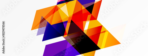 Abstract geometric shapes overlap, creating vibrant color contrasts. Composition features orange, purple, red, black tones. Modern design.