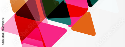 Abstract composition featuring overlapping colorful triangles. Shapes vary in size, hue, transparency creating dynamic visual effect.