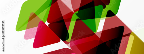 Abstract geometric shapes overlap, creating vibrant color blends. Red, green, pink hues dominate white background. Modern design.