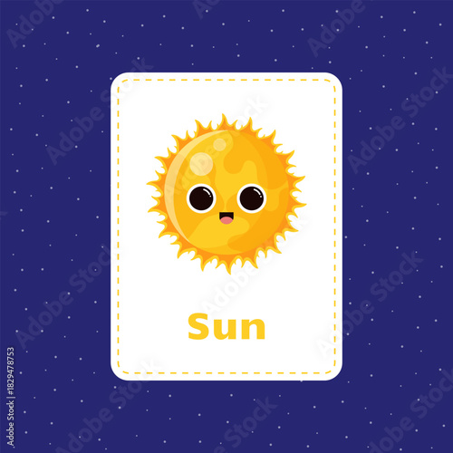 Solar system flashcard for kids isolated on dark blue background. Sun.Educational material for kindergardens and schools. English language game with cute solar system planets. Vector illustration. 