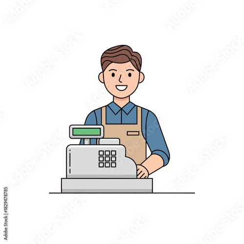 Smiling Retail Cashier Standing Behind Cash Register in Simple Vector Style