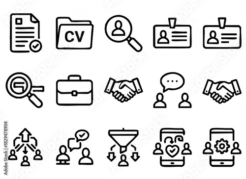 Black and white bold outline vector icon set of job and recruitment- resume document