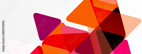 Abstract geometric shapes overlap, creating vibrant color blends. Red, orange, pink hues dominate white background. Modern design element.