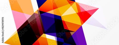 Abstract geometric shapes overlap, creating vibrant color composition. Orange, purple, red dominate white background. Modern design.