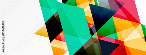 Abstract geometric shapes overlap, creating vibrant colorful composition. Bright hues dominate design, offering modern aesthetic.