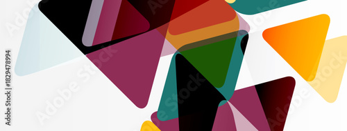 Abstract geometric shapes overlap, creating vibrant color composition. Triangles dominate design, offering modern aesthetic.