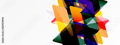 Abstract geometric shapes overlap, creating vibrant colorful composition. Bright hues dominate white background. Modern design element.